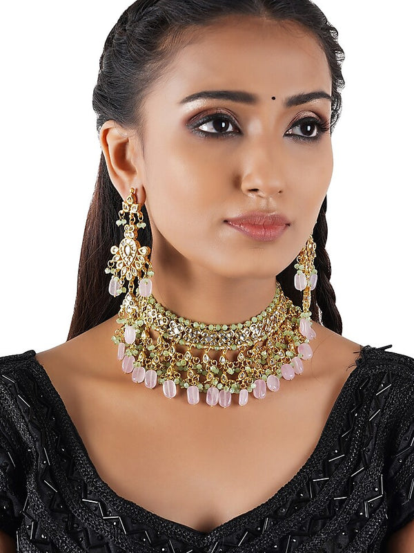 Gold Finish Kundan Polki Choker Necklace Set