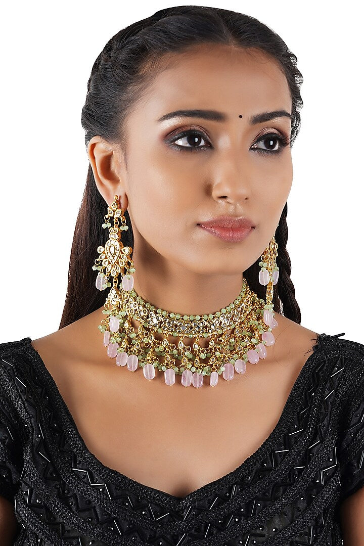 Gold Finish Kundan Polki Choker Necklace Set