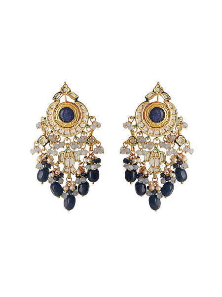 Gold Finish Blue Kundan Polki Dangler Earrings