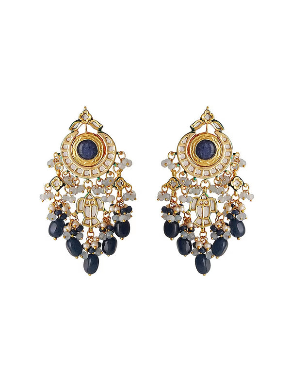 Gold Finish Blue Kundan Polki Dangler Earrings