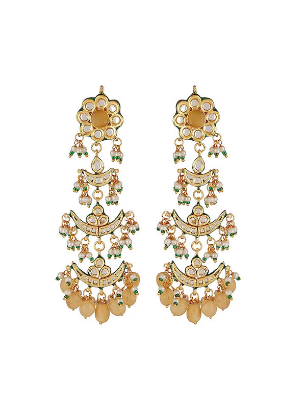 Gold Finish Yellow Kundan Polki Dangler Earrings