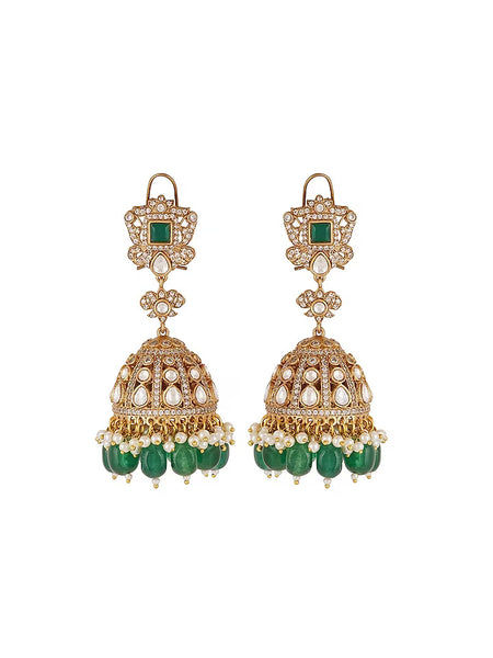 Gold Finish Green Kundan Polki Jhumka Earrings