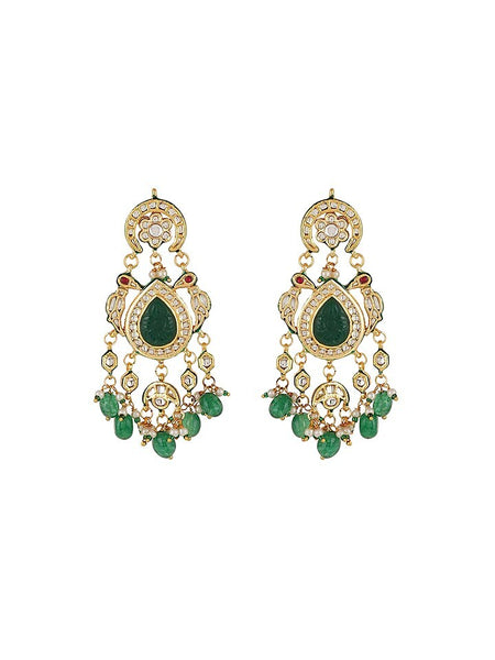 Gold Finish Green Kundan Polki Dangler Earrings
