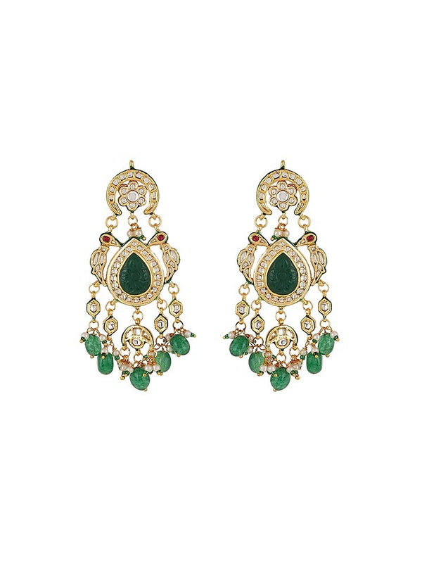 Gold Finish Green Kundan Polki Dangler Earrings