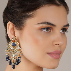 Gold Finish Blue Kundan Polki Dangler Earrings