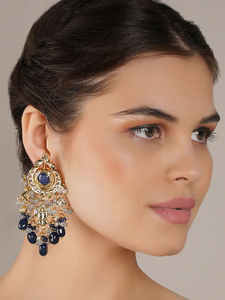 Gold Finish Blue Kundan Polki Dangler Earrings