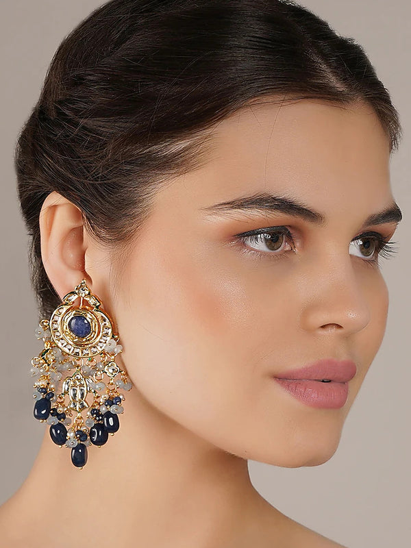 Gold Finish Blue Kundan Polki Dangler Earrings