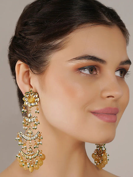 Gold Finish Yellow Kundan Polki Dangler Earrings