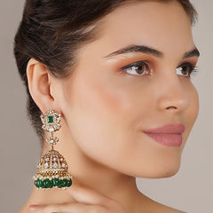 Gold Finish Green Kundan Polki Jhumka Earrings