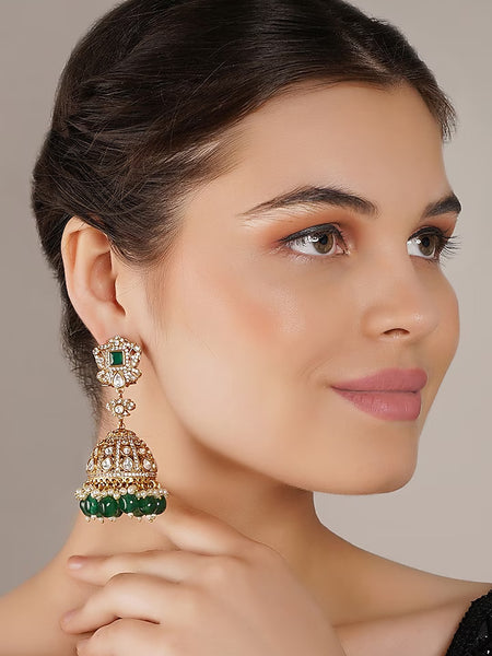 Gold Finish Green Kundan Polki Jhumka Earrings