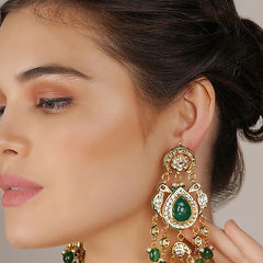 Gold Finish Green Kundan Polki Dangler Earrings