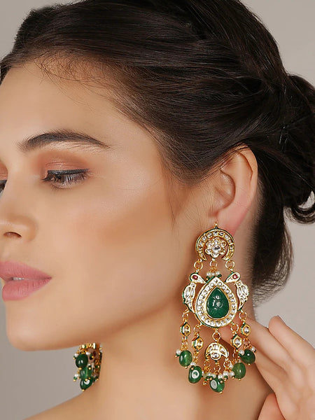 Gold Finish Green Kundan Polki Dangler Earrings