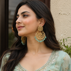 Gold Finish Dangler Chandbali Earrings With Kundan Polki
