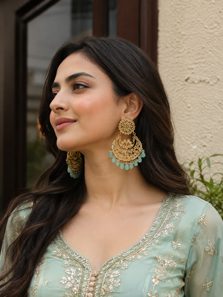Gold Finish Dangler Chandbali Earrings With Kundan Polki