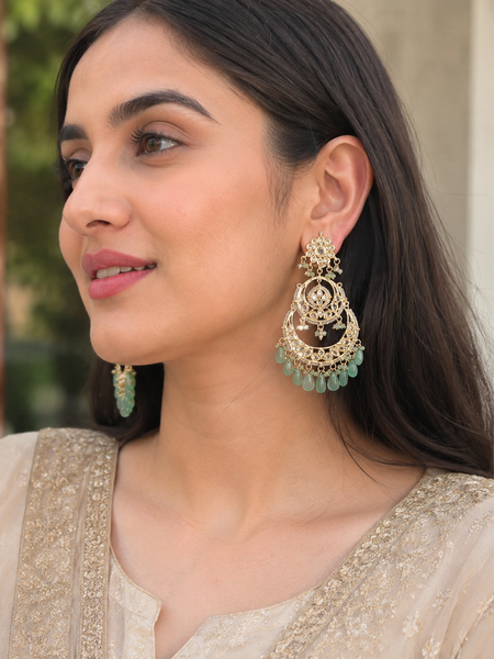Gold Finish Chandbali Earrings With Kundan Polki