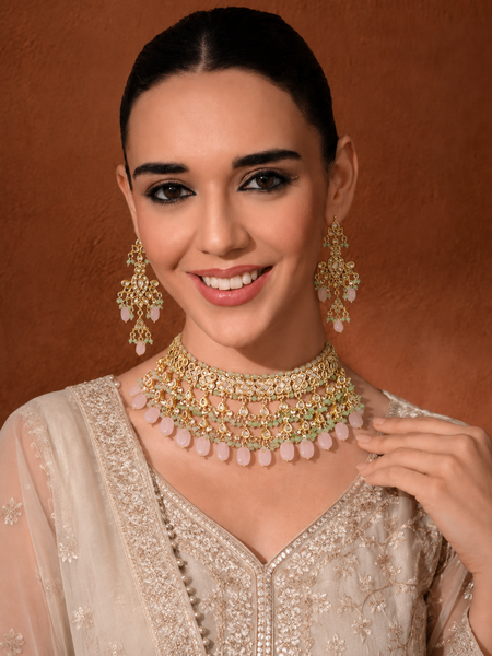 Gold Finish Kundan Polki Choker Necklace Set