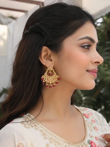 Gold Finish Kundan Polki Chandbali Earring