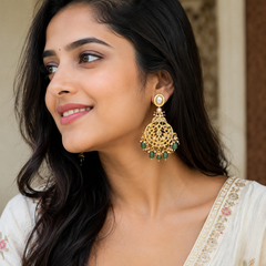 Gold Finish Kundan Chandbali Earrings In Mixed Metal