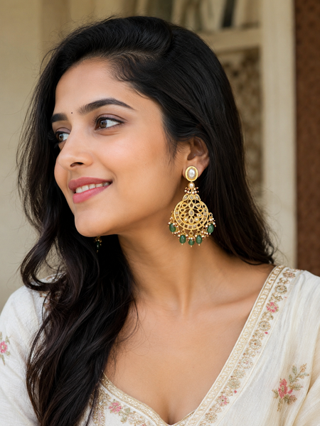 Gold Finish Kundan Chandbali Earrings In Mixed Metal