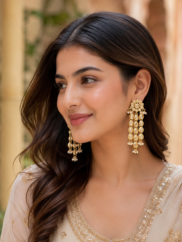 Gold Finish Kundan Polki Dangler Earrings In Mixed Metal