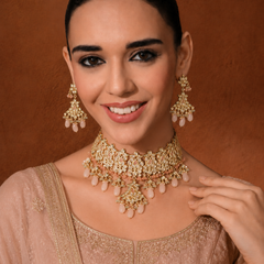 Gold Finish Choker Necklace Set With Kundan Polki