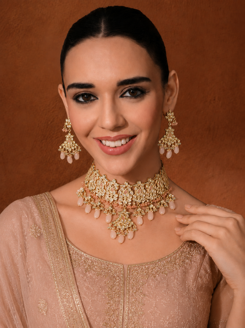 Gold Finish Choker Necklace Set With Kundan Polki
