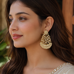 Gold Finish Dangler Earrings With Kundan Polki