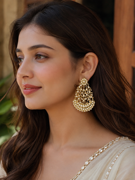 Gold Finish Dangler Earrings With Kundan Polki