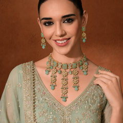 Gold Finish Kundan Polki & Turquoise Stone Choker Necklace Set