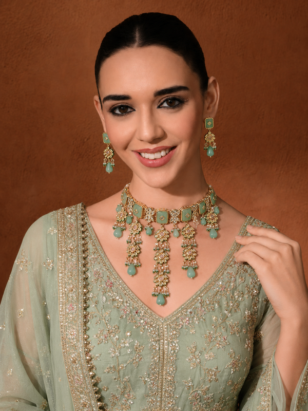 Gold Finish Kundan Polki & Turquoise Stone Choker Necklace Set