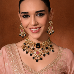 Gold Finish Kundan Polki & Blue Onyx Choker Necklace Set