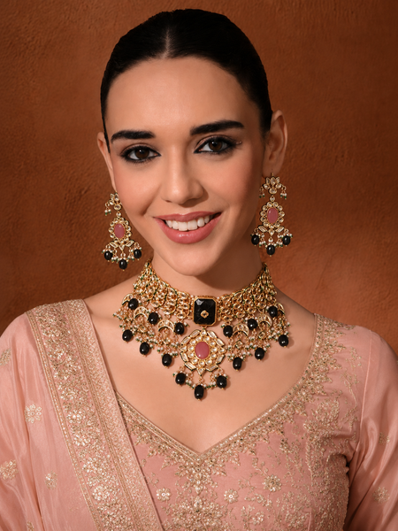 Gold Finish Kundan Polki & Blue Onyx Choker Necklace Set