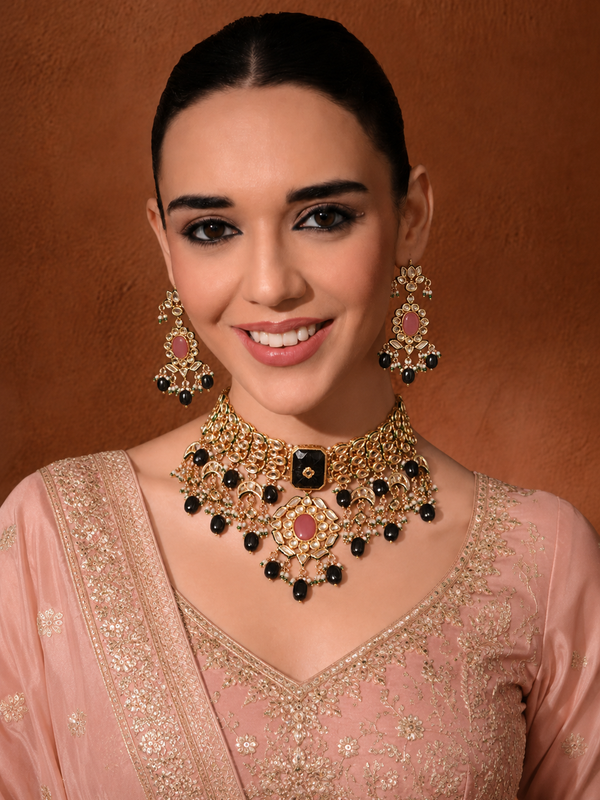 Gold Finish Kundan Polki & Blue Onyx Choker Necklace Set