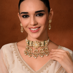Gold Finish Kundan Polki & Pearl Choker Necklace Set