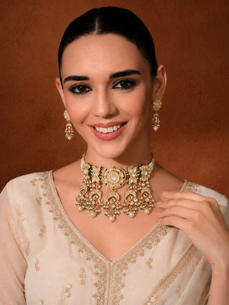 Gold Finish Kundan Polki & Pearl Choker Necklace Set