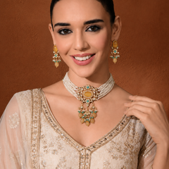 Gold Finish Kundan Polki & Yellow Onyx Choker Necklace Set