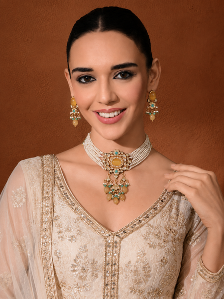 Gold Finish Kundan Polki & Yellow Onyx Choker Necklace Set
