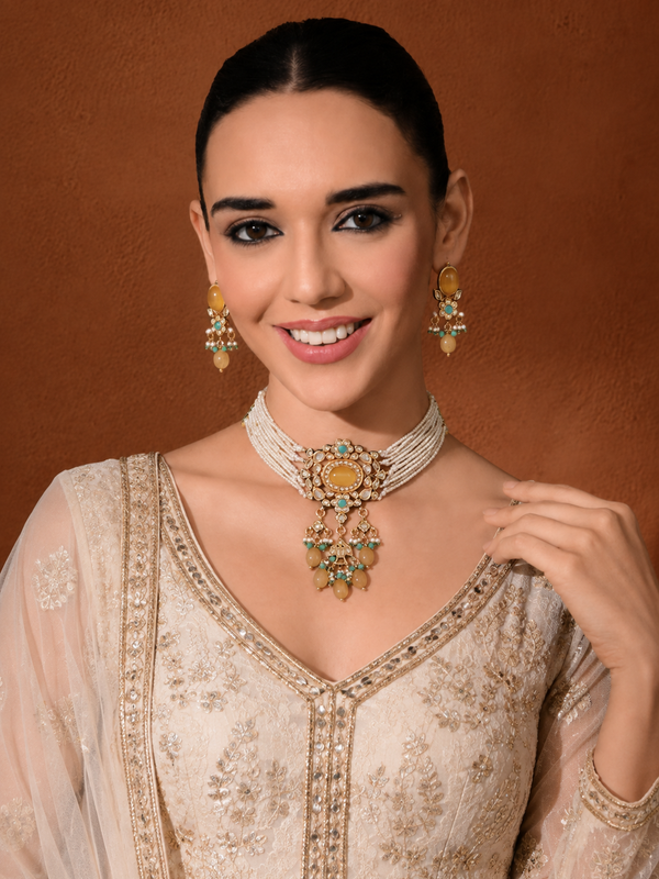 Gold Finish Kundan Polki & Yellow Onyx Choker Necklace Set