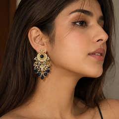 Gold Finish Blue Kundan Polki Dangler Earrings