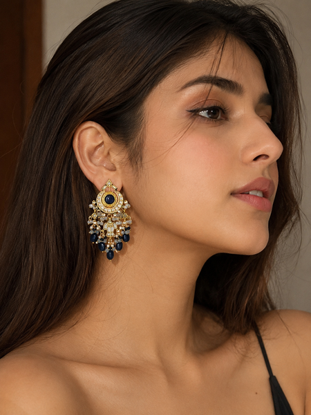 Gold Finish Blue Kundan Polki Dangler Earrings