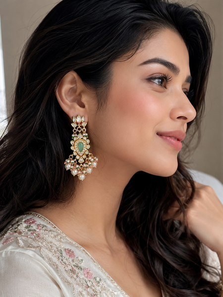 Gold Finish Multi-Colored Kundan Polki Dangler Earrings