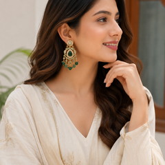 Gold Finish Green Kundan Polki Dangler Earrings
