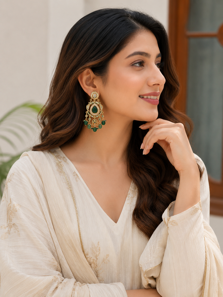 Gold Finish Green Kundan Polki Dangler Earrings