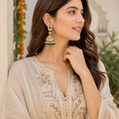 Gold Finish Green Kundan Polki Jhumka Earrings