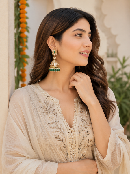 Gold Finish Green Kundan Polki Jhumka Earrings