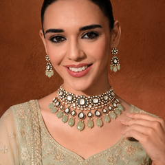Gold Plated Kundan Studded Green Necklace Set With Earrings