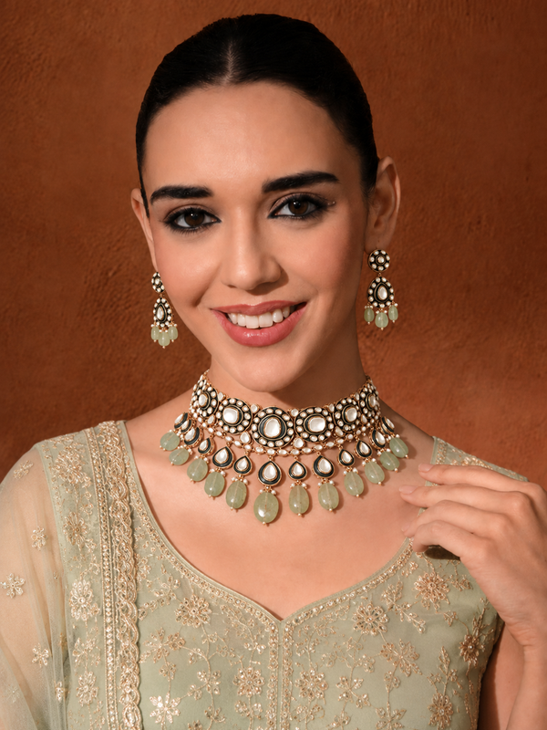 Gold Plated Kundan Studded Green Necklace Set With Earrings