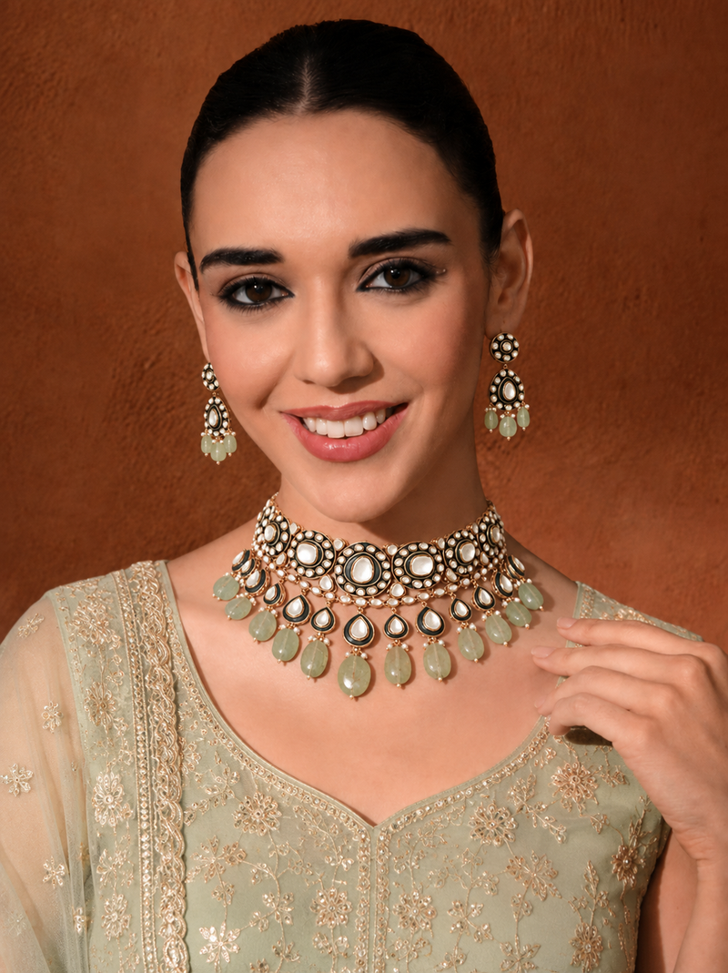 Gold Plated Kundan Studded Green Necklace Set With Earrings