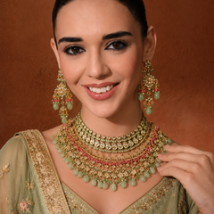 Gold Plated Kundan Studded Green Choker Necklace Set With Earrings
