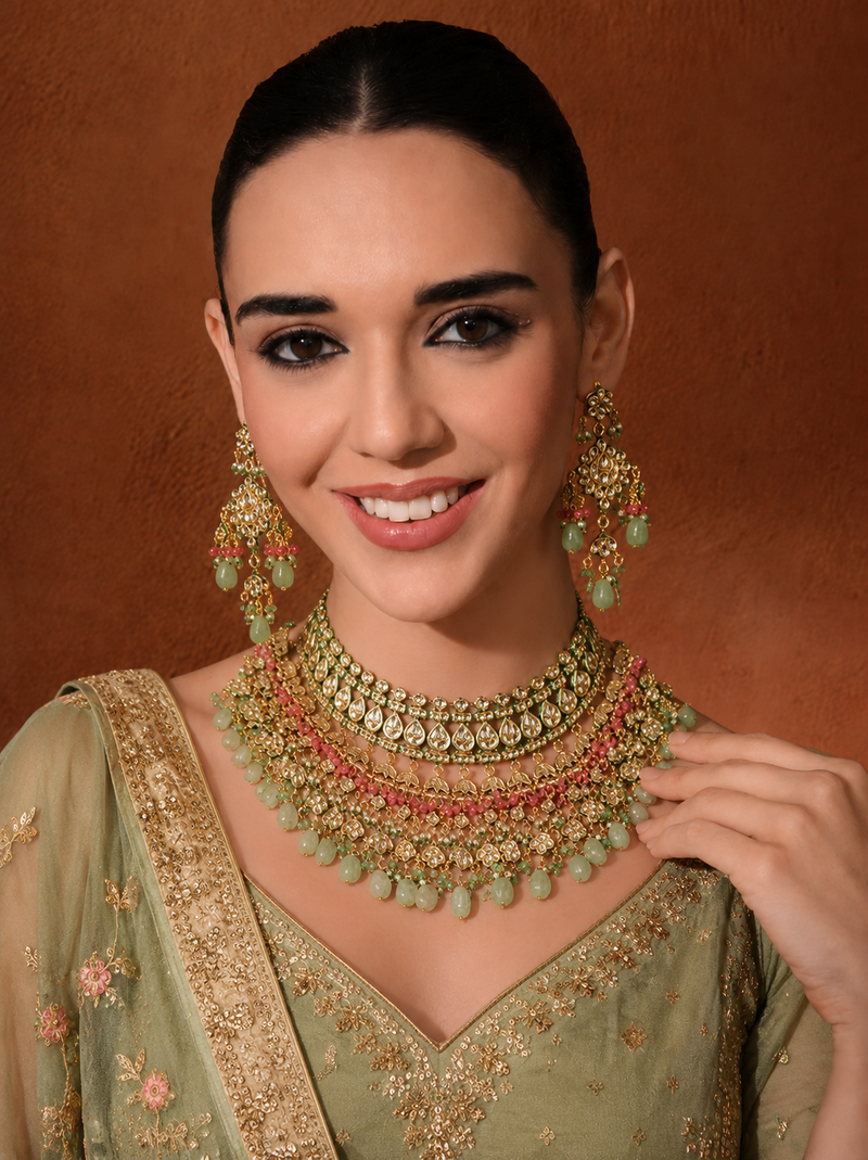 Gold Plated Kundan Studded Green Choker Necklace Set With Earrings